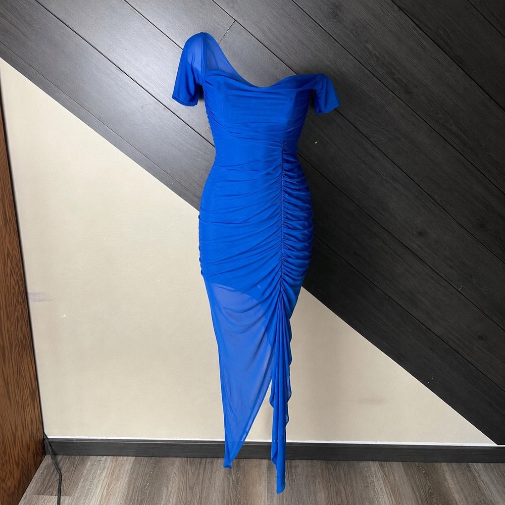 Hello Molly Women's Blue Ruched Mesh Asymmetrical Midi Dress XS NWT Party